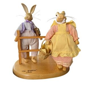 Raikes Originals THE HOPKINS Wood Carved Rabbit Couple w/ Fenced Stand Figures